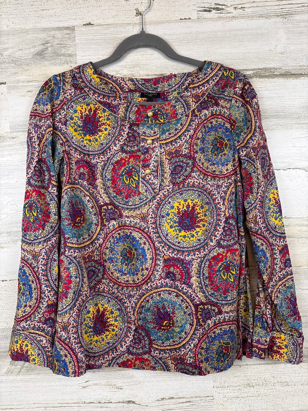 Talbots Womens 8 Petite Multicolor Paisley Metallic Henley Long Sleeve Boho Top